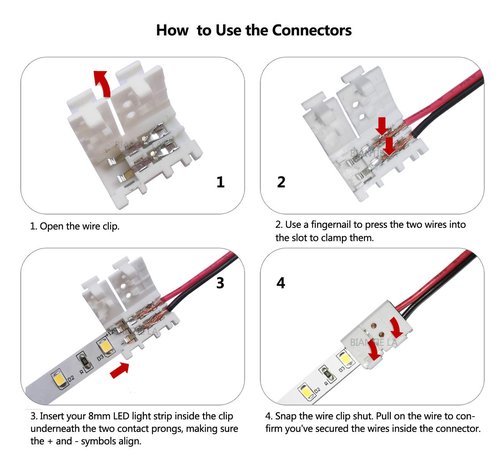 Biantie La 2-Pin 8mm LED Connectors Solderless Unwired Clips - DIY Strip to Wire Quick Connection for 12v 24v Single Color SMD 3528 2835 Tape Lights (Pack of 10)