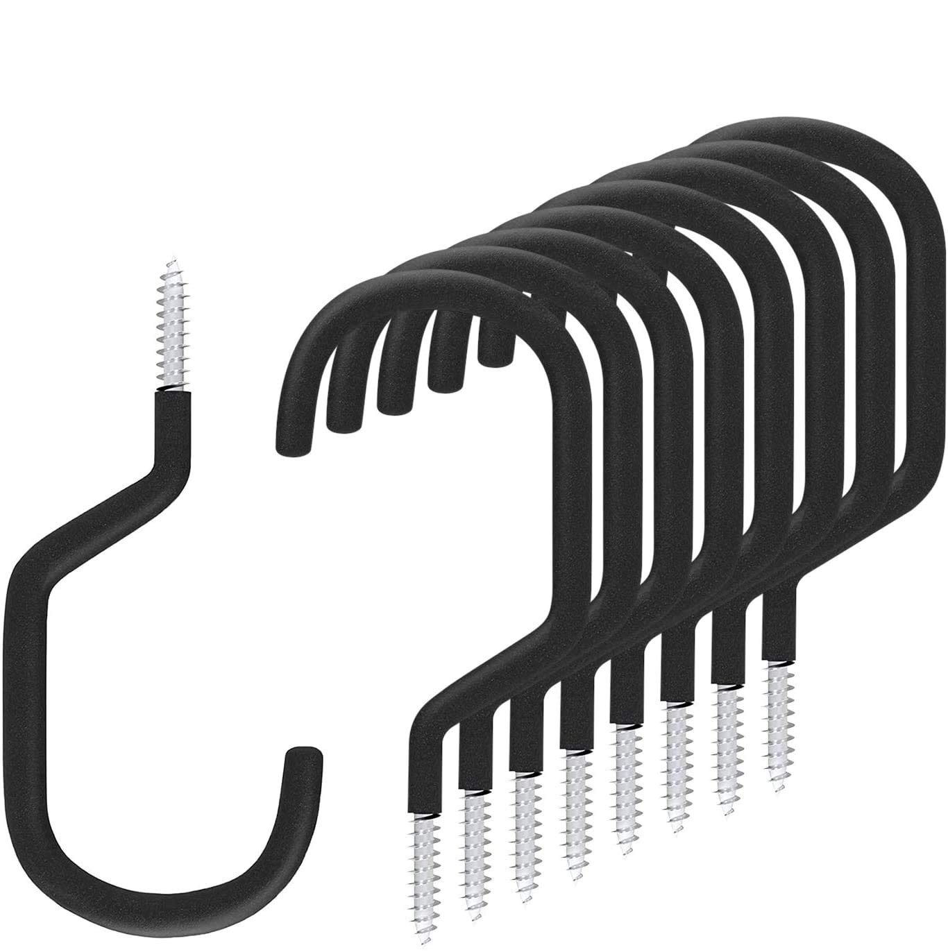 SMARTOLOGY 8 Pack Bike Hanger Storage Hook Rack, Rubber Coated Heavy Duty Large Screw in Ceiling Hooks for Garage Wall and Ceiling Bicycle Storage, Utility Tool Hanger (Black)