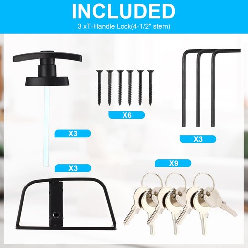 Yaocom 3 Pack Shed Door Latch T-Handle Lock Kit with 9 Keys 4-1/2" Stem Storage Barn Shed Door Hardware Lock Set for Gate, Playhouses, Garage and More, Black