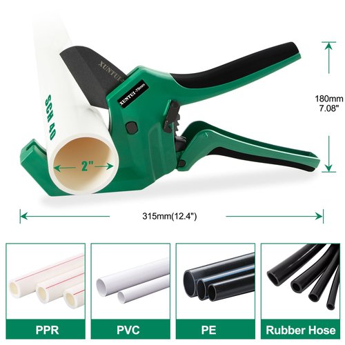 XUNTUI Ratcheting PVC Pipe Cutter- for up to 3-inch OD(Sch 40/80 Pipe) | SKD5 Steel Blade | Professional Plumbing Tool for DIY, Gardening，Plumber(Dark Green, OD3‘’75MM)