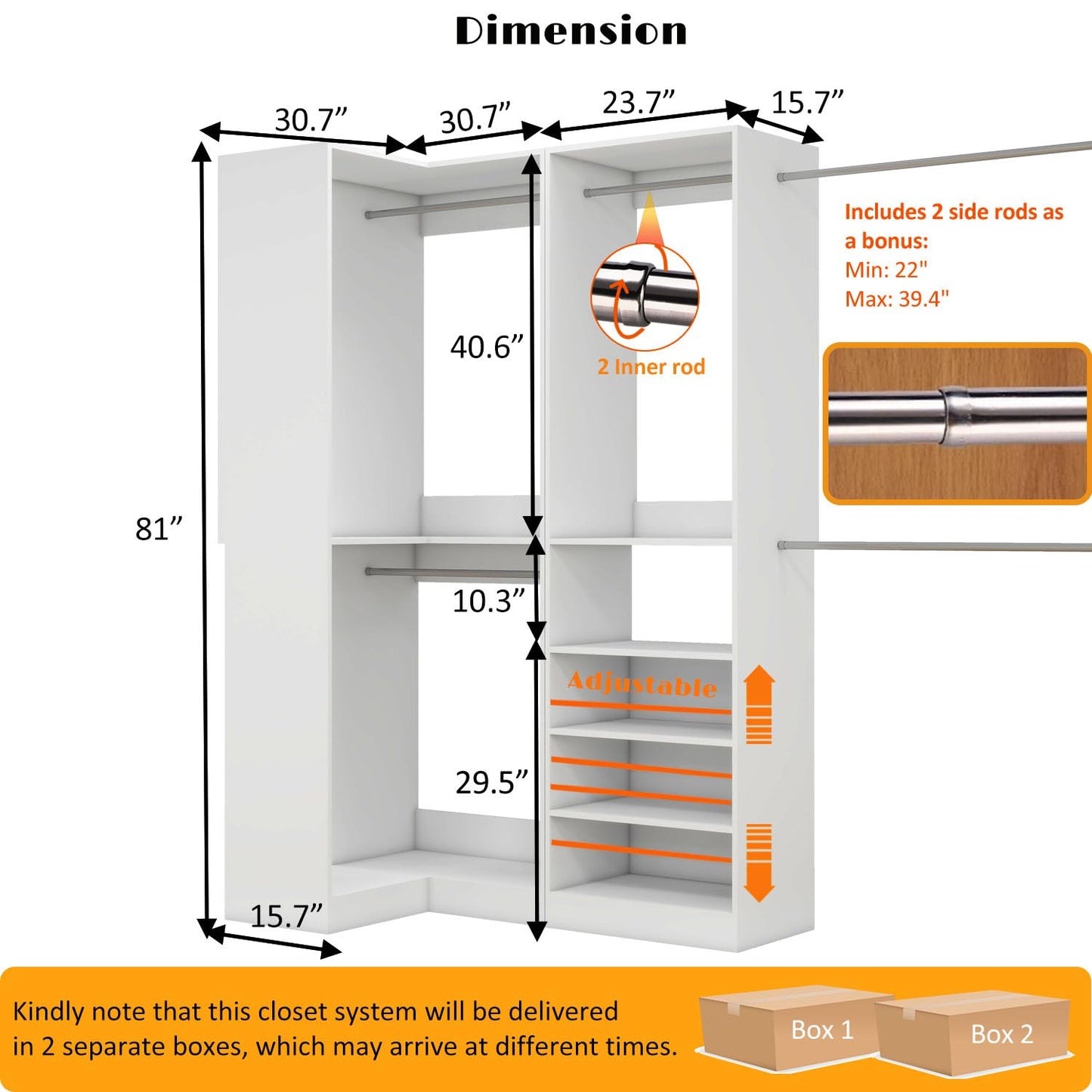 Closet Organizer Systems with 5 Hanging Rods & Adjustable Shelves Walk in Storage Closet Free Standing Closet System Corner Closet System 2 Set, White
