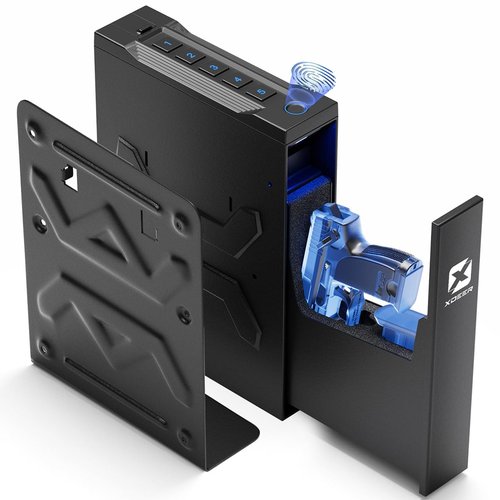 XDeer Biometric Pistol Safe, Quick Access Nightstand Safe for Handguns in Seconds, Portable Lock Box for Car, Truck, Desk, Bedside, or Wall with Fingerprint, Key, and PIN Code Security