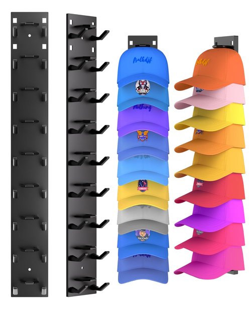 2 Pack Hat Organizer for Baseball Caps, Strong Adhesive Hat Rack for Wall, Multilayer Hat Storage Display Holder, Wall Mounted Hat Hooks Hold up to 18 Hats for Closet Door and Bedroom (Black)