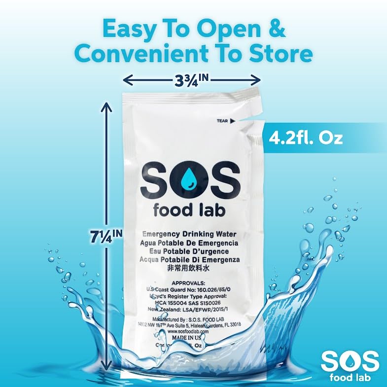 SOS Emergency Water Pouches 12 Count, 4.2 Fl Oz Each - 2 Day Supply, US Navy Approved