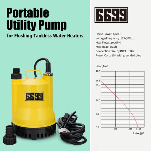 6699 Tankless Water Heater Descaling Flush Kit Includes Submersible Utility Pump with Adapters 3 Gallons Pail with Bucket Lid Opener and Two 3/4" GHT X 6FT PVC Black Hoses Easy Installation to Clean