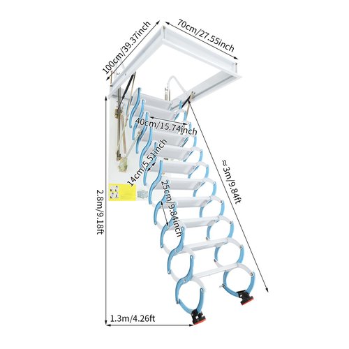 11 Steps Wall-Mounted Attic Ladder, Folding Stairs Attic Ladder Pull Down System, Retractable Loft Ladder for Attics, Garages, Roofs, Basements (Blue+White)