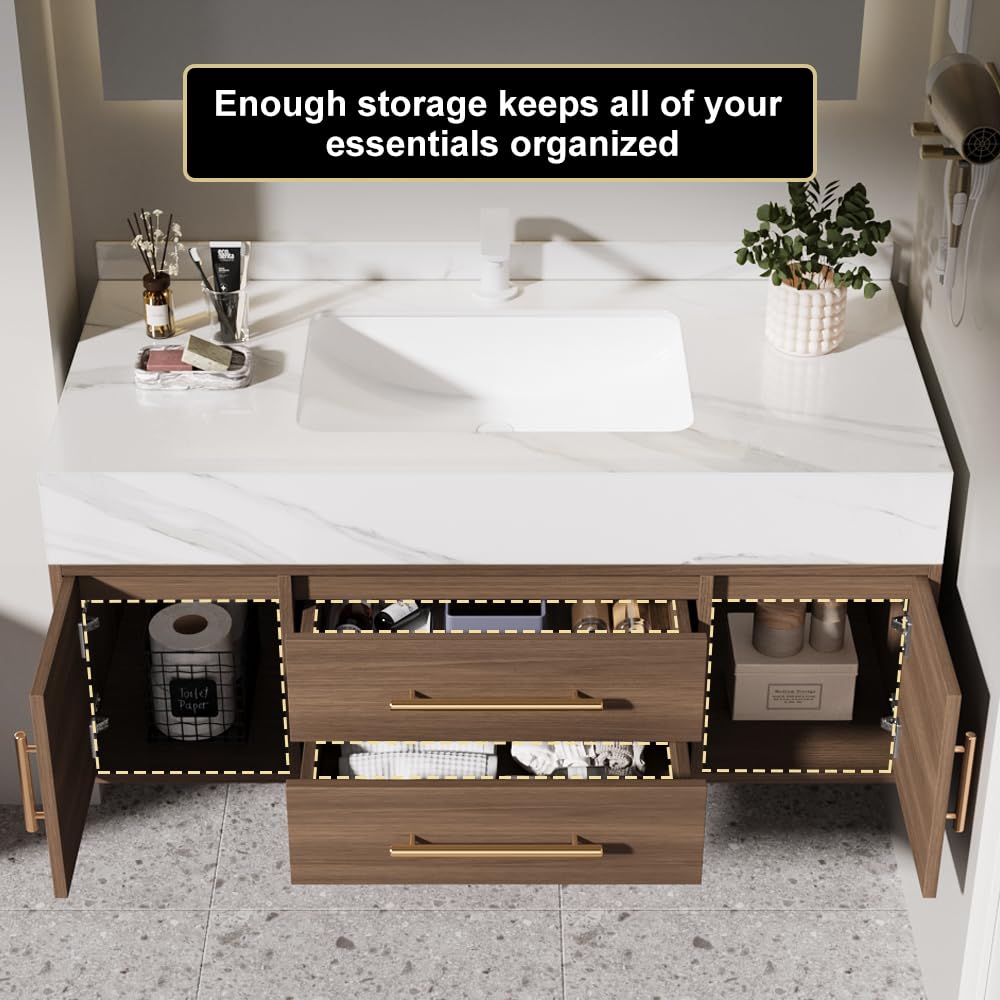 Weibath Floating Bathroom Vanity with Sink, 39.5 Inch Modern Bathroom Vanity Cabinet with Sintered Stone Top, Ceramic Undermount Sink, 2 Drawers, Walnut (Wall Mounted, Gold Handle)
