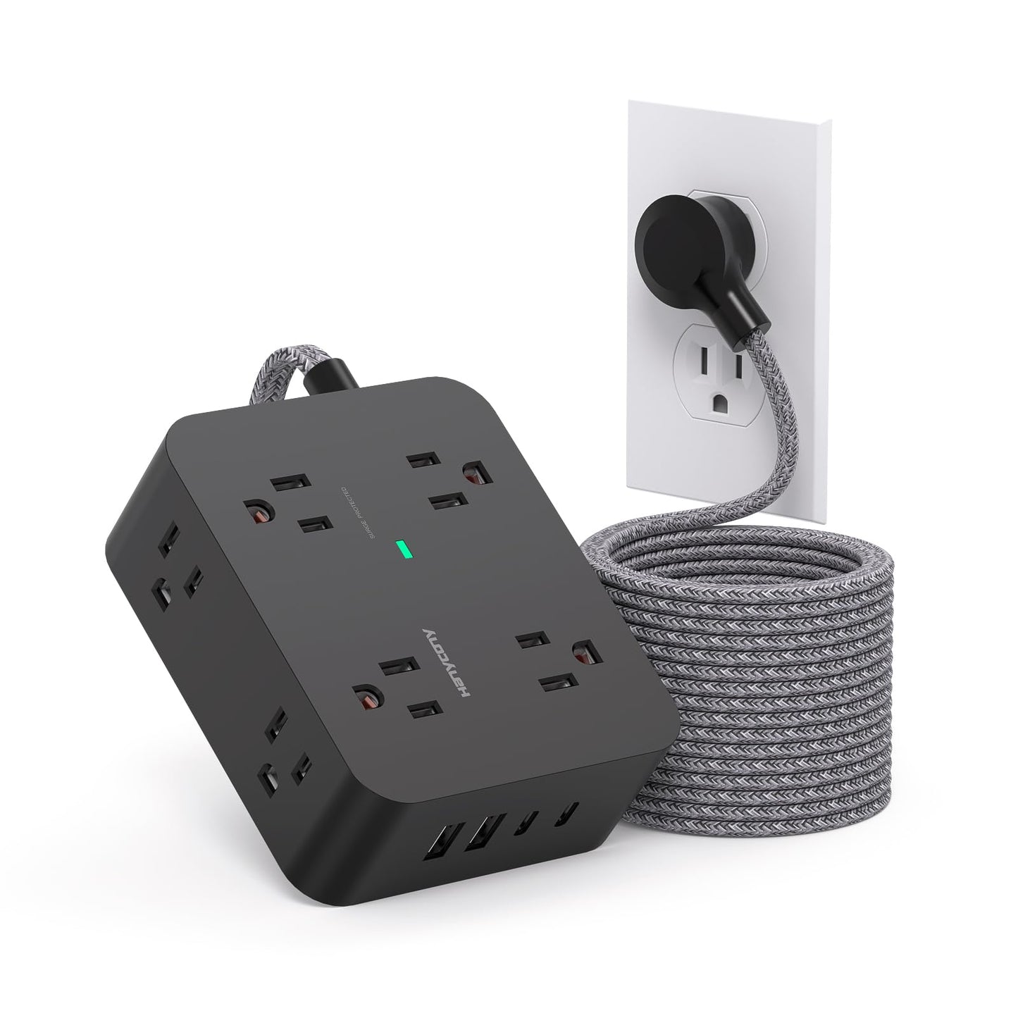 Surge Protector Power Strip 15 Ft Long Cord, HANYCONY Extension Cord 15 Feet with 8 Outlets 4 USB Ports(2 USB C), Flat Plug, Desk Charging Station for Home Office College Dorm Room Essentials