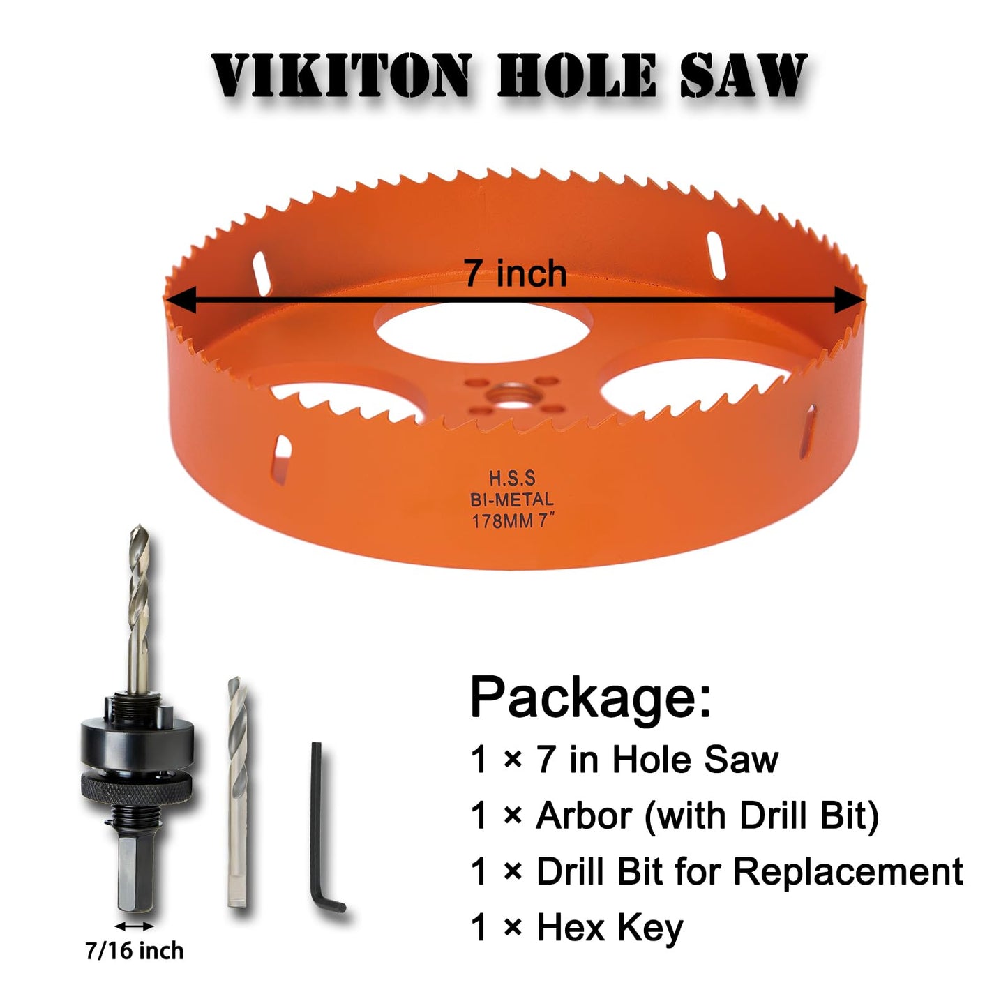 VIKITON 7 Inch Hole Saw with Arbor for Metal Wood Plastic, 7 in Bi-Metal Hole Cutter for Different Project with Smooth and Flat Drilling Edge, Fast Chip Removal,Lighter and Portable