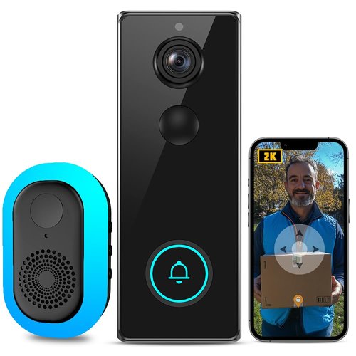 PGST 2K Wireless Video Doorbell Camera, No Monthly Fee, Head-to-Toe View, Night Vision，AI Motion Detection, Battery Powered, Easy Installation, 2.4GHz WiFi, IP65 Weatherproof