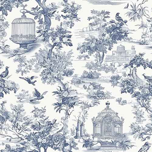 Peel and Stick Wallpaper Vintage Floral Birds Contact Paper Blue and White Wallpaper Modern Boho Removable Self Adhesive Wall paper Vinyl Rolls for Bathroom Bedroom Walls Decor 17.32"x118.11"