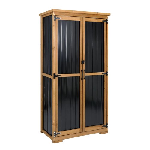 Outdoor Storage Cabinet Wood & Metal with Waterproof Roof, Garden Tool Shed with 3 Removable Shelves, 4 adjustable reinforced feet with metal brackets, 6 T-Hinge, magnetic door,15.6"D x 32.3"W x 66"H