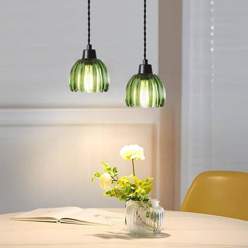 Glass Green Tulip Lamp Shades Set of 2 Small Flower Art Blown Lampshades,1.58lb,1.65" Top x 5.5" Diameter x 3.9" Height,Replacement Mini Lamp Shade for Floor Lamp Table Wall Lamp Chandelier Decor