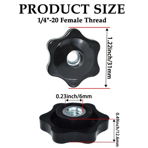 Aifeier ET 4 Pcs 1/4"-20 Inch Knob Black Nylon Screw-On Type Thru Threaded Knob Nuts 6-Star Shape Hand Tighten Clamping Knobs