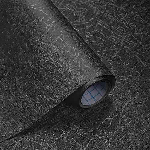 GloryTik Black Silk Wallpaper Peel and Stick Black Textured Embossed Self Adhesive Contact Paper Removable Thicken Wallpaper for Living Room Cabinet Kitchen Decoration Vinyl Roll 17.3"X78.7"