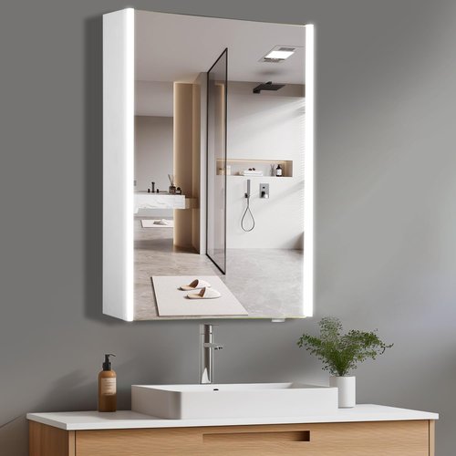 HAUSCHEN HOME 28x19-1/4inch LED Medicine Cabinet Lighted Bathroom Mirror, Stepless Dimmable, 3000K/5500K Color Temperature Wall Mounted Makeup Mirror, Adjustable Shelf (Assembly Required)