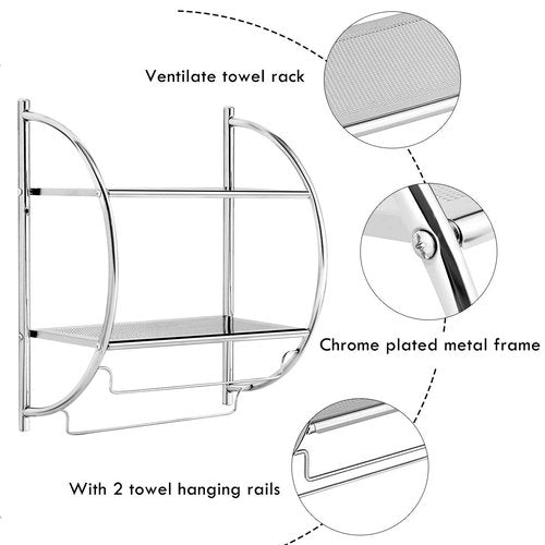 Tangkula Wall Mount 2 Tier Bathroom Shelf with Bars, 18" W X 10" D X 22" H, Home Toilet Double Layer Rustproof Chrome Shelf