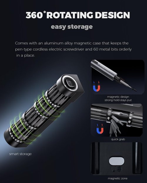 VMYTH iDriver ES1 3.7V Electric Screwdriver, Mini Precision Screwdriver Set, 60 Magnetic Bits, Magnetic Storage, 5/32''Hex, Precision Repair Tool Kit for Electronics Phone Camera Laptop Watch