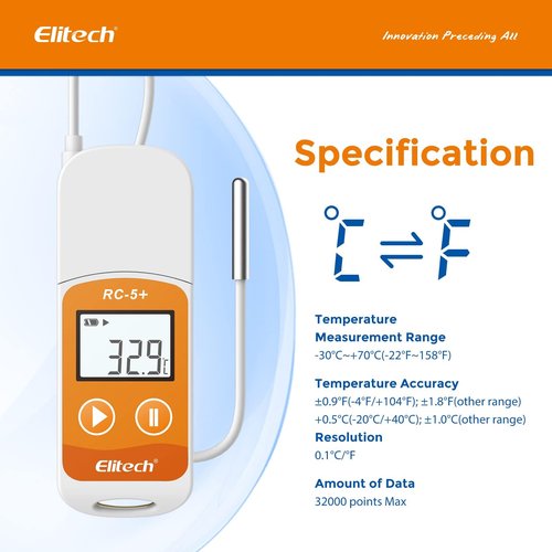 Elitech RC-5+ TE Digital PDF USB Temperature Data Logger Reusable Recorder Refrigerator Thermometer 32000 Points High Accuracy (Extra External Sensor)