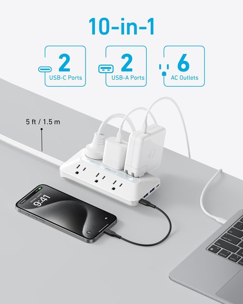 Anker Flat Plug Power Strip(300J) with 20W USB-C, 10-in-1 Ultra Thin Power Strip with 6 AC, 2 USB-A/2 USB-C,5feet Extension Cord, Desk Charging Station,Home Office College Dorm Essentials