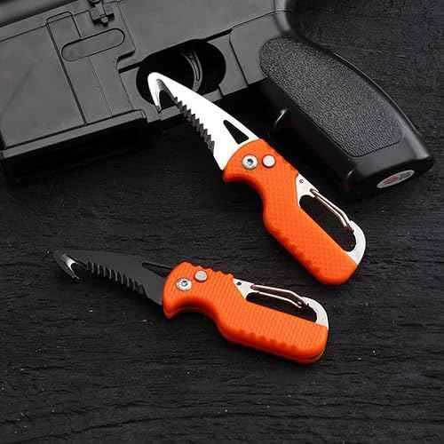 2 PACK Mini Folding Keychain Knife, Box/Seatbelt Cutter, Portable Rescue Knife, Orange and Black, 4.3 inch