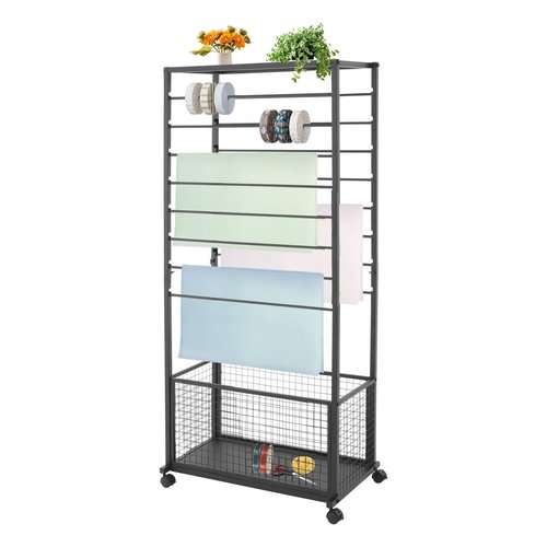 16 -Tier Ribbon Holder Organizer Rack, Double-Sided Ribbon Storage Holder on Wheel, Multifunctional Flower Wrapping Paper Storage Stand for Boutique (Black, 26.38''W × 12.6''D × 59.06''H,)