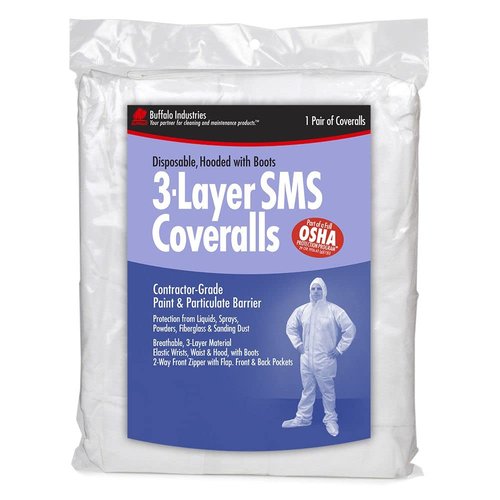 Buffalo Industries (68443) 3-layer Lead Abatement Disposable Coverall, Size XXL, Pack of 1, Attached Hood and Booties, Zippered Front with Flap, Elastic Wrists, Ankles and Waist, Front, Back Pockets