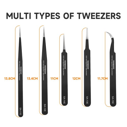 TOWOT Precision Tweezers, Upgraded Anti-Static Stainless Steel for Electronics, Craft, Soldering, and Experimental Work, Jewelry Making Curved Tweezers