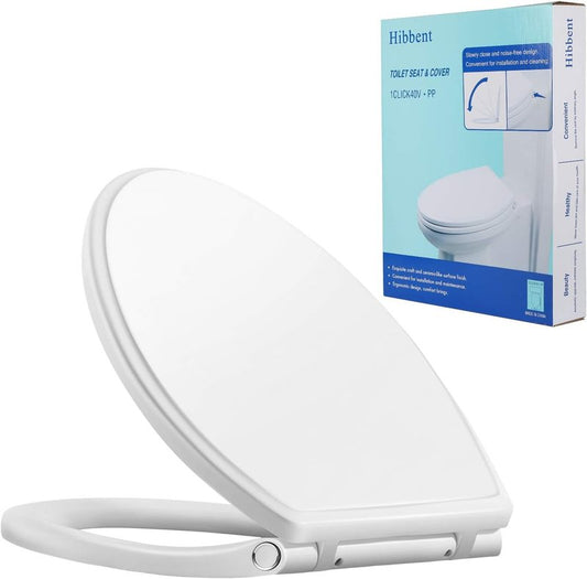 Hibbent Premium Round Toilet Seat with Cover Quiet Close, One-Click to Quick Release, Easy Installation Non-Slip Seat Bumpers, Slow Close Toilet Seat and Cover, Easy Cleaning-White Color