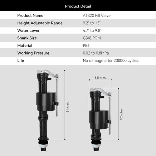 R&T Toilet Fill Valve A1320, Toilet Repair Kit Inside Tank, Universal Toilet Replacement Kit, Quiet and Fast Fill Water, Height Adjustable, Easy to Install