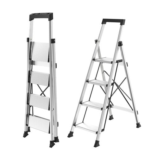 HBtower 4 Aluminum Step Ladder, Strudy Ladders for Home with Tool Tray, Anti-Slip Folding Step Stool for Adults, Light Weight Portable 330lbs Safety for Kitchen Warehouse Outdoor Work