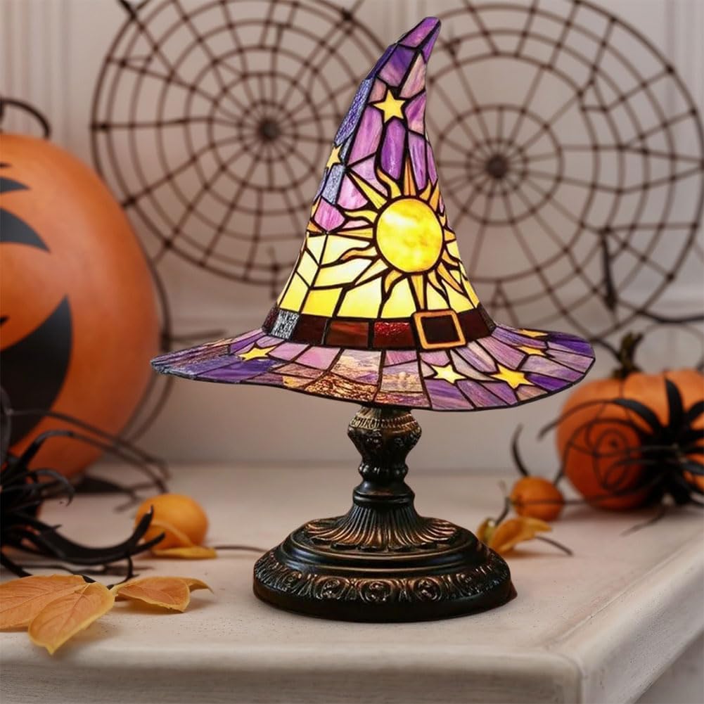 HatLeb Witch Hat Lamps, Handcrafted Stained Glass Resin Wizard Hat Light Gothic Table Lamp for Halloween Decor, Spooky Night Light for Bedroom and Indoor Parties, Unique Wiccan Gift