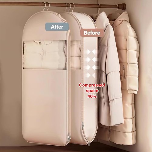 Space Saving Hanging Garment Bag with Self Compression Zipper, Space Saver Closet Organizers, Prevent Dust, No Taste, Space Saving Hanging Protector for Down Coat (Beige, X-Large)