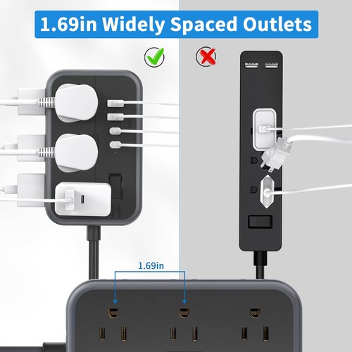 NTONPOWER Surge Protector Power Strip with 6 Outlets 4 USB Charging Station(2 USB C Port), 5 Ft Flat Extension Cord, Outlet Extender for Indoor, Home, Office Supplies, Dorm Room Essentials, Black