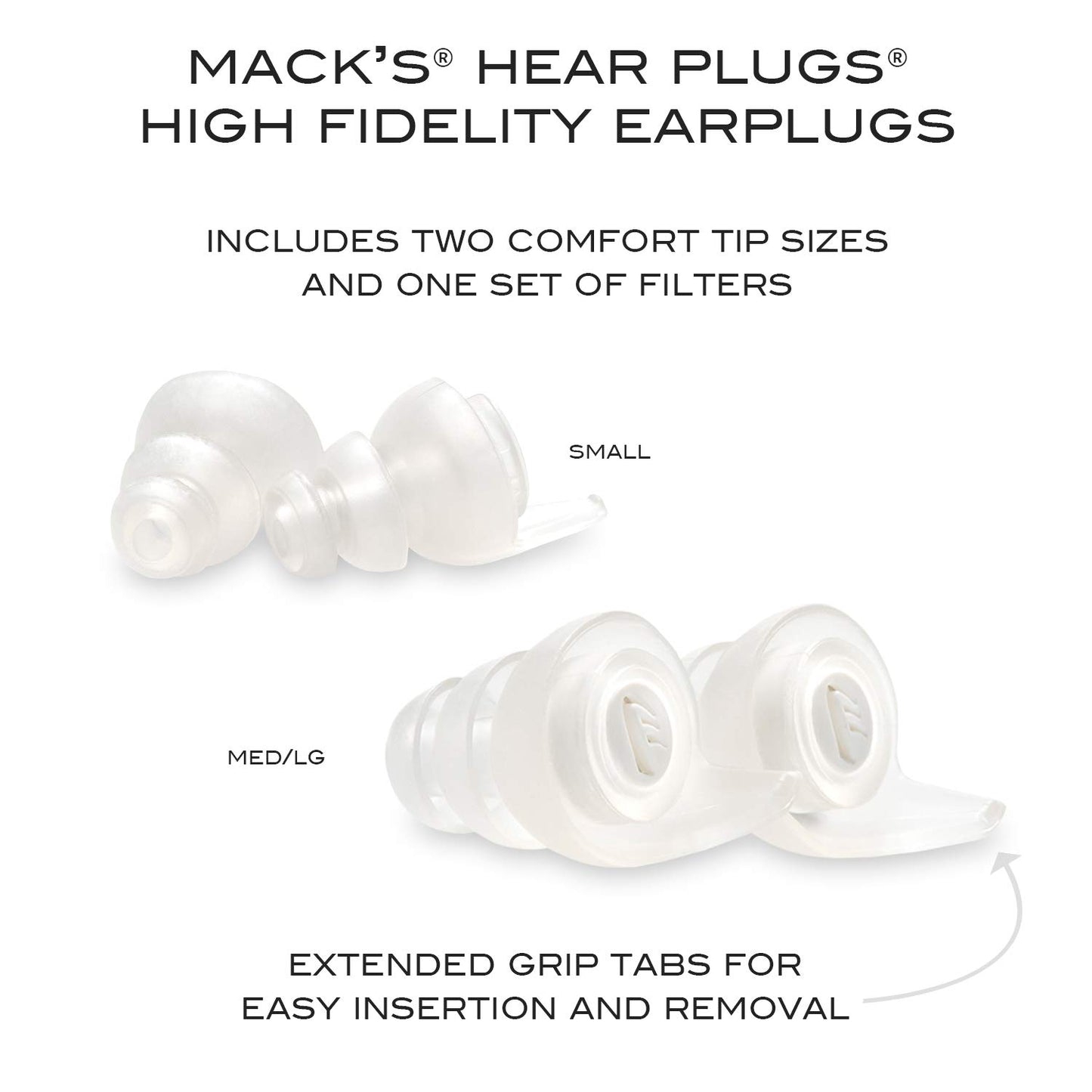 Mack's High Fidelity Ear Plugs for Concerts, Musicians, Motorcycles, Noise Sensitivity - 1 Pair (2 Comfort Tip Sizes) - Clear Hear Plugs with Case