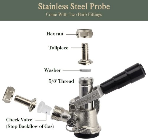 Keg Coupler, Sankey D Tap with 304 Stainless Steel Probe, Keg Coupler D System with Black Handle & Hose Clamp, D Style,Sankey D Tap for 5/16" ID Hose
