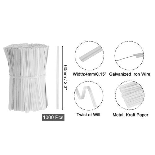 uxcell 2" Kraft Paper Twist Ties, Metallic Twist Ties Reusable for Bakery, Candy Bags, Coffee Bags, Goodie Bags, Pack of 1000, White
