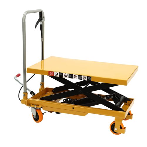 226.8 kg/500 lbs Hydraulic Lift Cart Single Scissor Hydraulic Lift Freestanding Table Top Hydraulic Lift with Rack Handle and Universal Wheels for Material Handling Freestanding Mounting