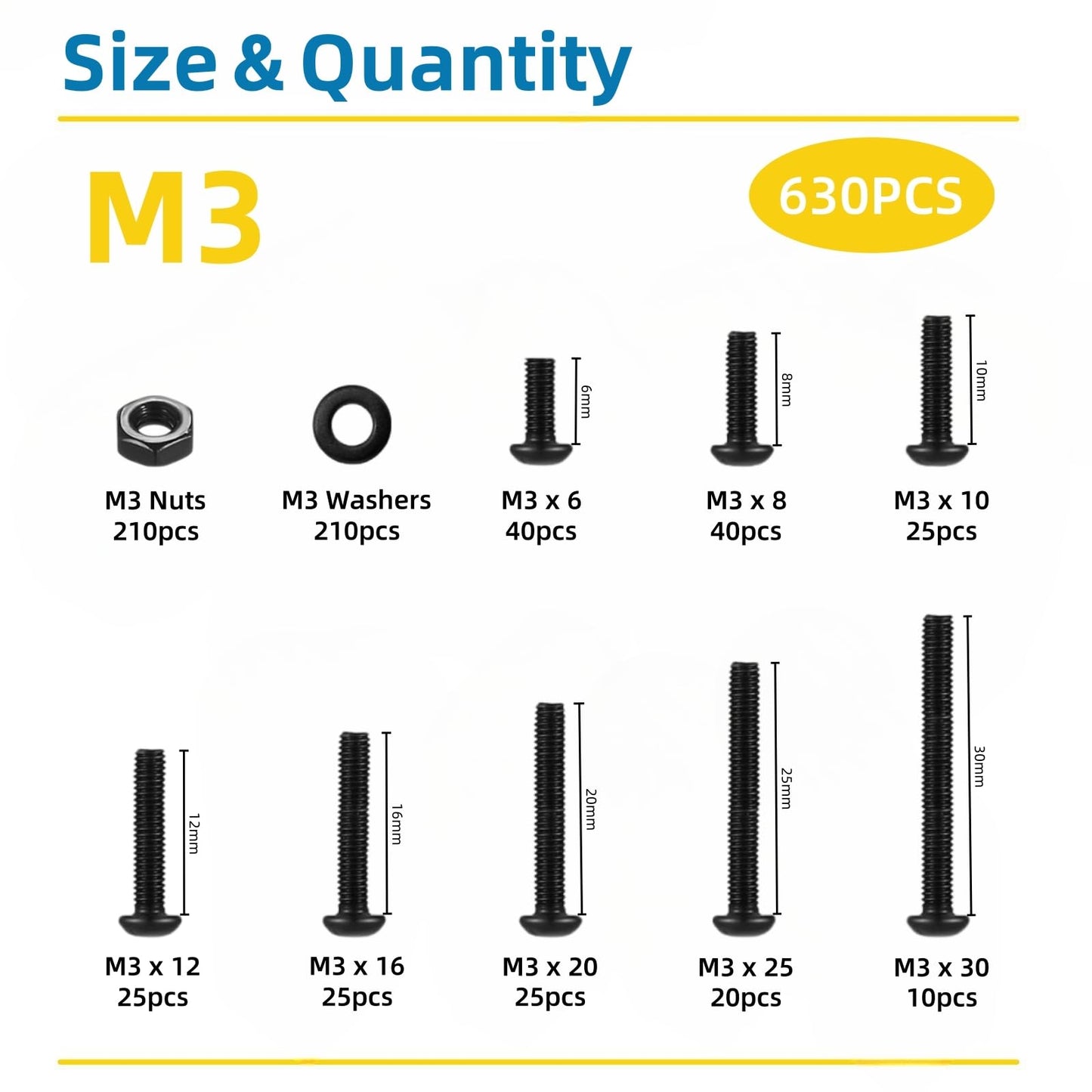WZHUIDA 630 Pcs M3 Screws Assortment Kit, M3x6mm/8mm/10mm/12mm/16mm/20mm/25mm/30mm, Metric Hex Button Head Socket Cap Screws Nuts Washers Kit with Wrench, Black Zinc Plated