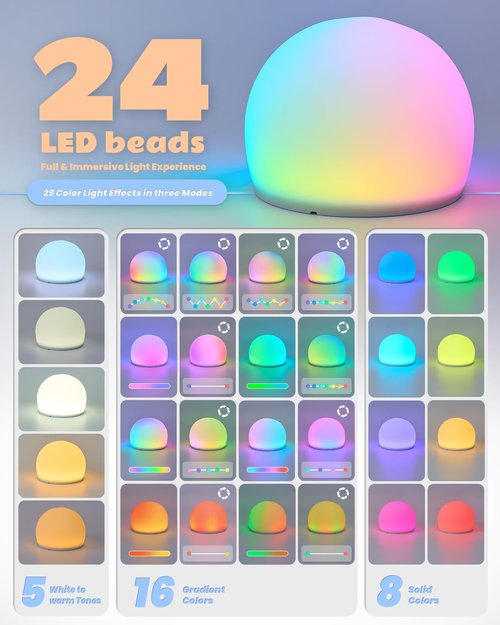 Night Light for Kids, Soft Egg Light with 13 Colors Changing Mode, Soft Silicone Mood Lighting for Bedroom, 5 Levels Adjustable Brightness, Auto-dim in 30 Minutes Ambient Lighting Globe Lamp