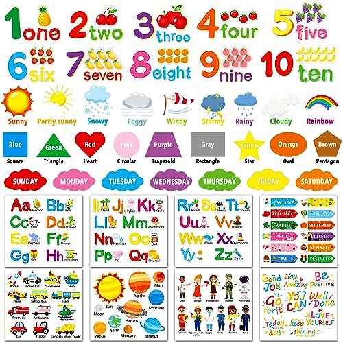 Alphabet Numbers Wall Decals - 12 Sheets Color Weather Learning Educational Stickers, Peel and Stick Solar System Shape Decals for Kids Toddlers Classroom Playroom Bedroom Decorations