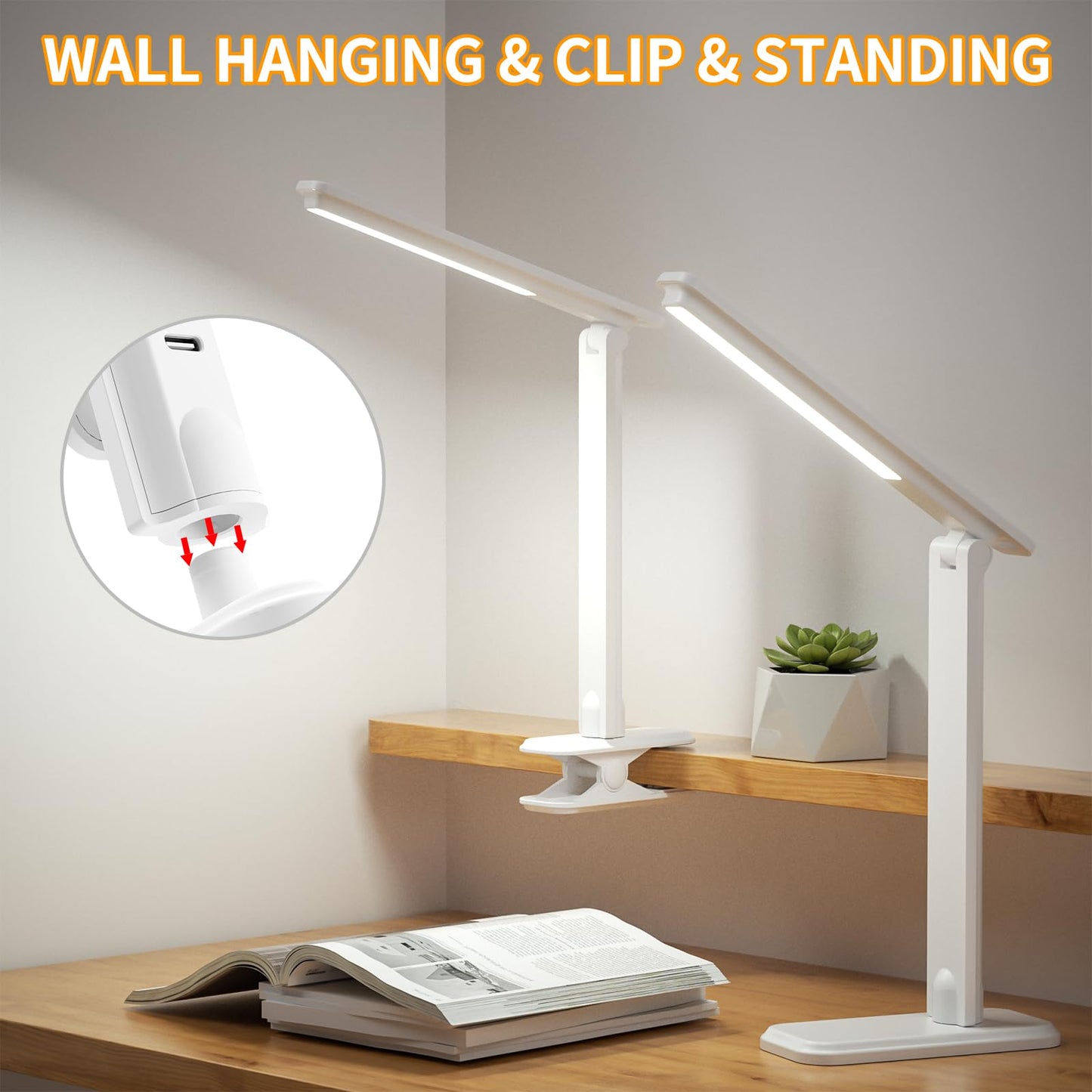 ANNAITE LED Desk Lamp Dimmable Table Lamp Reading Lamp with Changeable Clip & Base, 3 Brightness Dimmable Small Desk Lamp for Office Home, Desk Clip on Lamp for Bed Headboard, LED Desk Light Strip