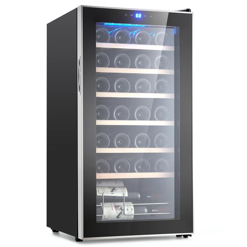 Takywep 28 Bottle Compressor Wine Cooler Refrigerator,Large Freestanding Wine Cellar, Glass Door Bar Fridge Quiet Compressor,41f-64f Digital Temperature Control Fridge Glass Door Black