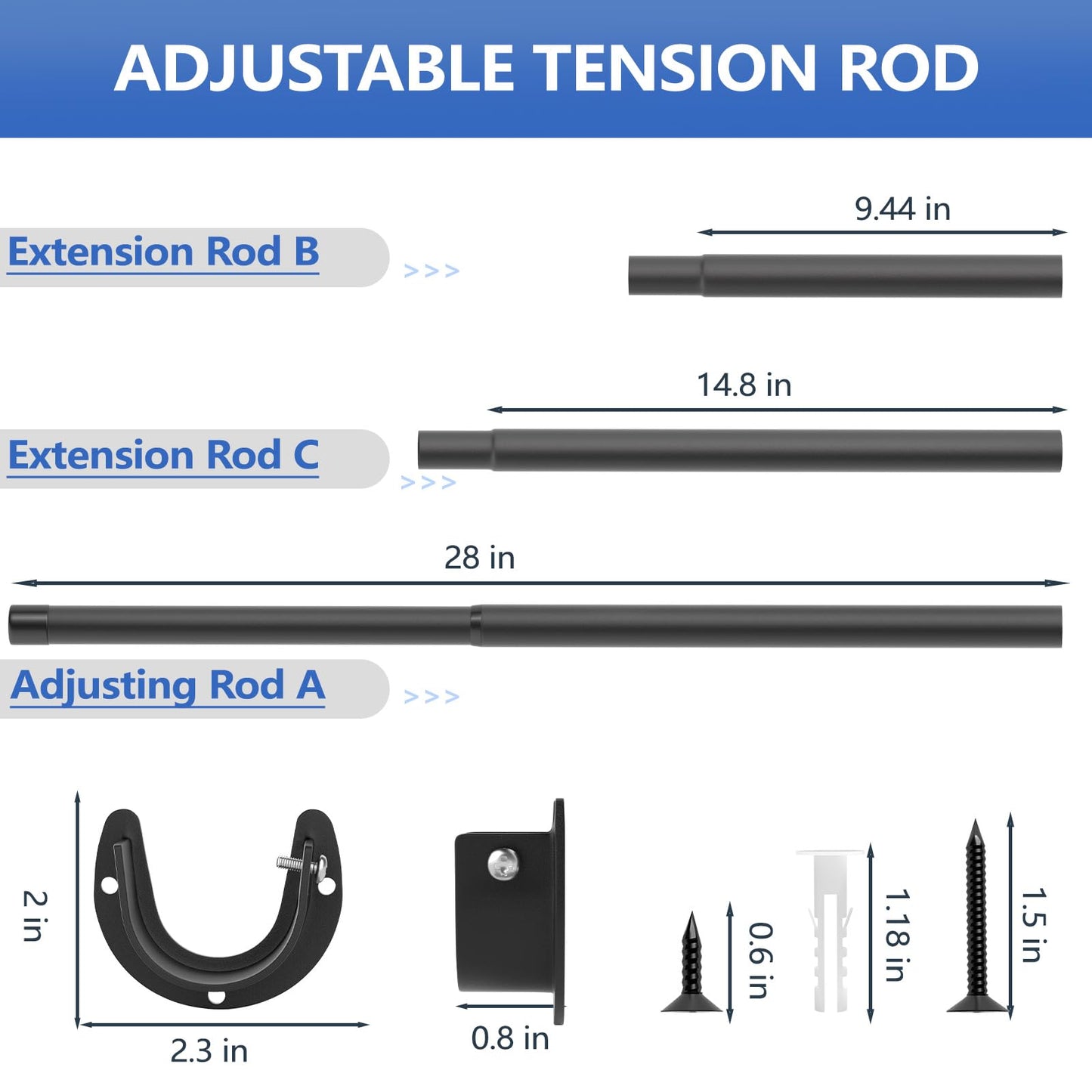 SUTINE Closet Rods for Hanging Clothes, 17 to 53 Inch Closet Rod, Heavy Duty Adjustable Clothes Hanging Bar Rod Matte Black Closet Poles for Wardrobes, Closet, Bathroom, Windows,1.3 Inch Diameter