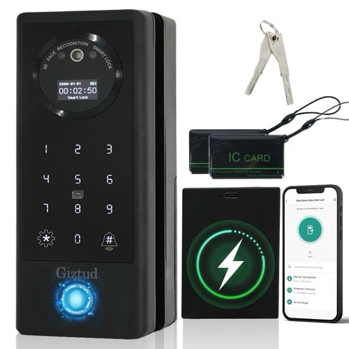 Smart Glass Door Lock for Frameless Glass Doors, 7in 1 Keyless Enter Gate Locks with Face Recognition,Fingerprint, WiFi Remote Control, IC Card, Palm Vein,No-Drill Installation for Office,Shop,Home