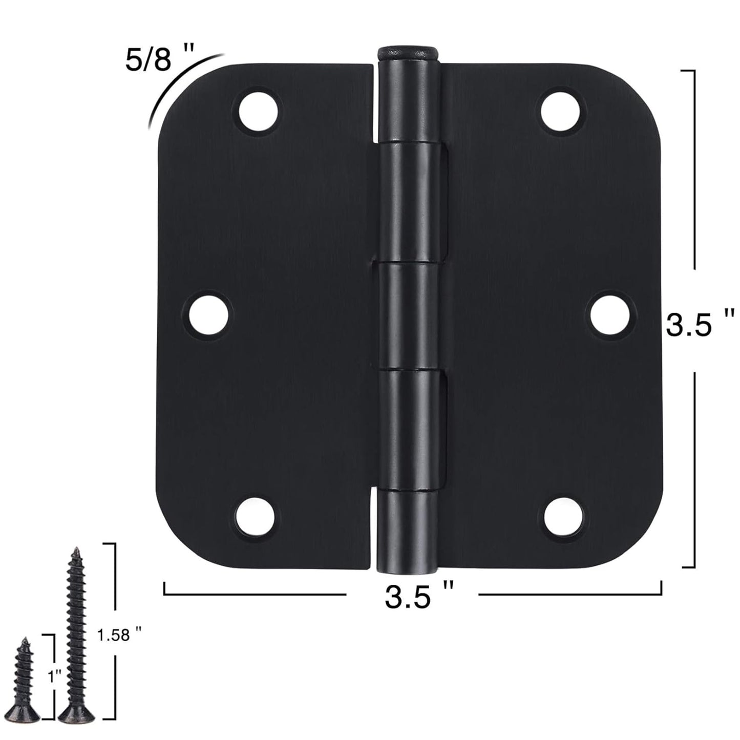 6 Pack Black Door Hinges - 3.5 x 3.5 Inch, Matte Black, 5/8 Inch Radius Corners, Standard Residential & Office Door Hardware