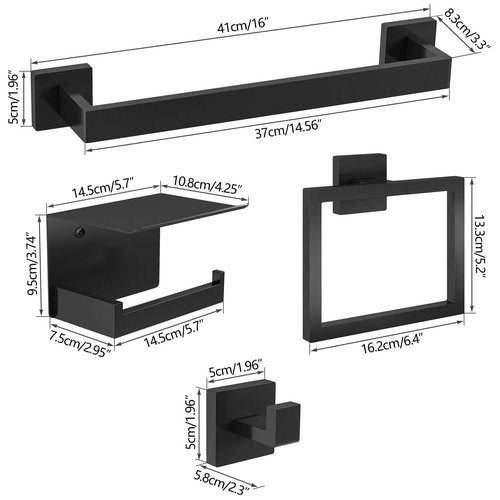 STWWO Matte Black Bathroom Accessories Hardware Set 5-Piece, Stainless Steel Towel Racks for Bathroom, 16 Inch Bath Towel Bar Set Wall Mounted