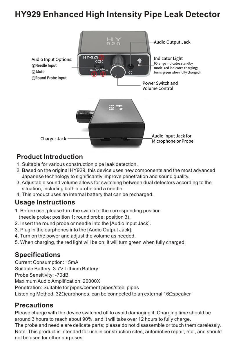 Water Leakage Detection, Underground Water Leak Detector, High Strength Sound Intensifier Water Pipe Leakage Monitor, Suitable for Site Construction, Car Maintenance