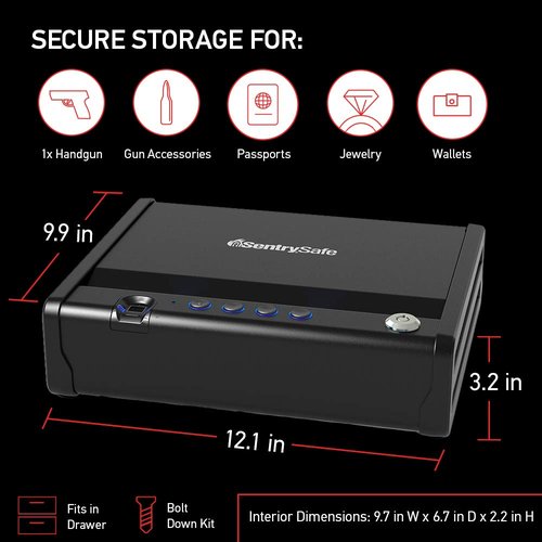 SentrySafe Biometric Gun Safe for Handgun or Pistol, Fingerprint Safe with Interior Light, 1 Handgun Capacity, Firearm Storage with Bolt Down Kit, QAP1BLX