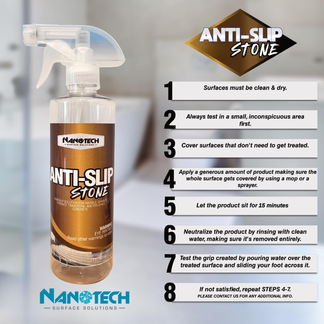 Nanotech Surface Solutions Anti Slip Stone -Reduces Slip & Fall Accidents Due to Wet Floors- Interior Exterior- Works in Minutes- For Travertine, Granite, Marble, Terrazzo, Slate (16 Oz.)